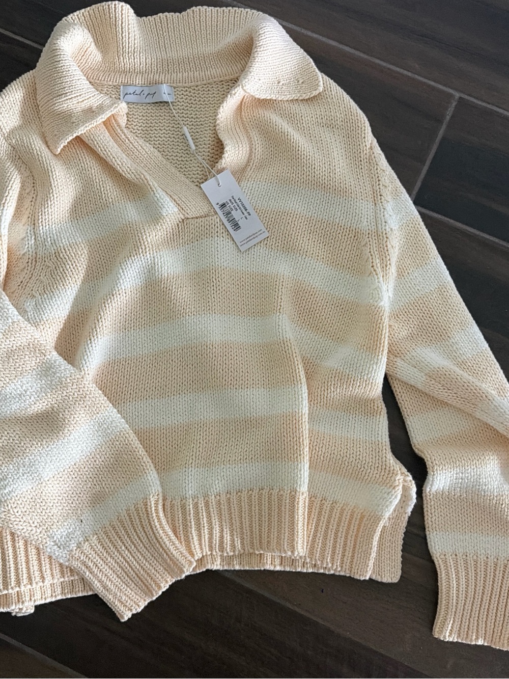 Petal & Pup Cream and Light Peach Striped V-Neck Polo Sweater